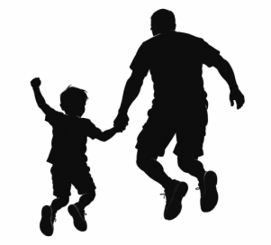 A silhouette image of a man holding hands with a boy and they are jumping.